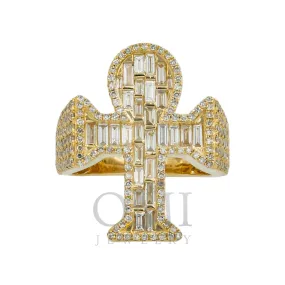 10K GOLD BAGUETTE AND ROUND DIAMOND ANKH RING 3.00 CT