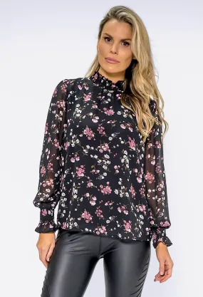 Black Bloom Print High Neck Top