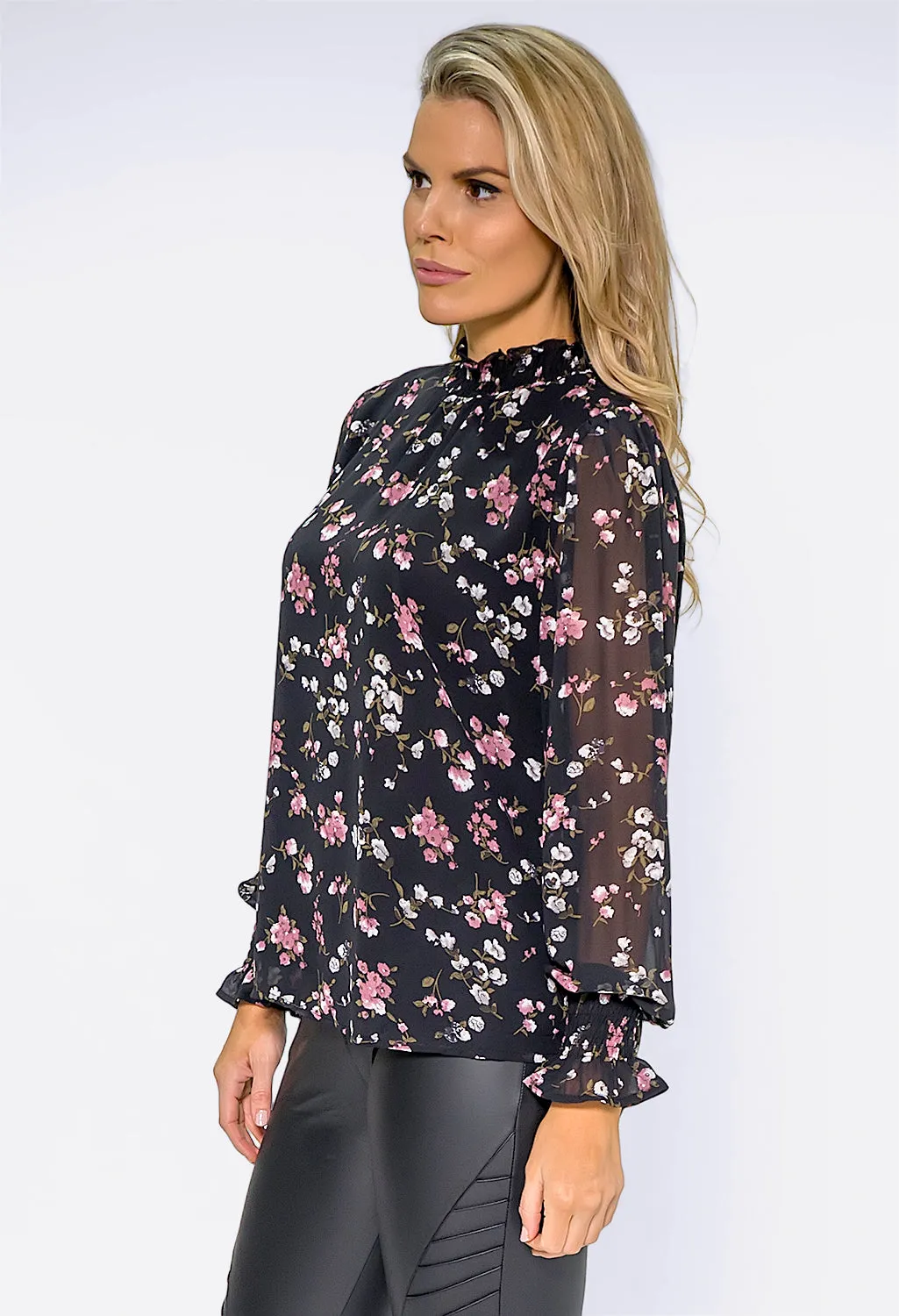 Black Bloom Print High Neck Top