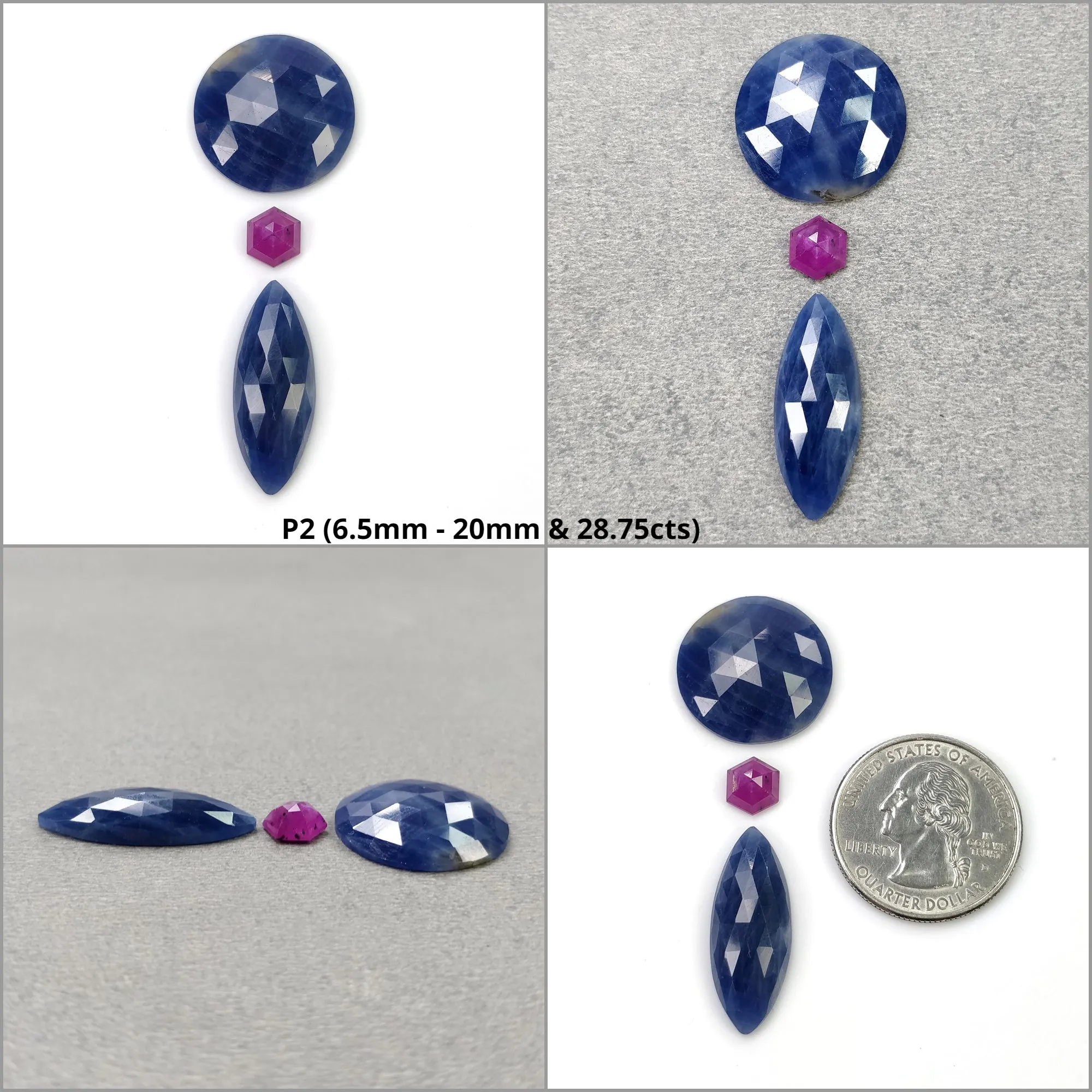 BLUE And Raspberry SAPPHIRE Gemstone Rose & Step Cut : Natural Untreated Sapphire Hexagon Pear Round Shape 3pcs