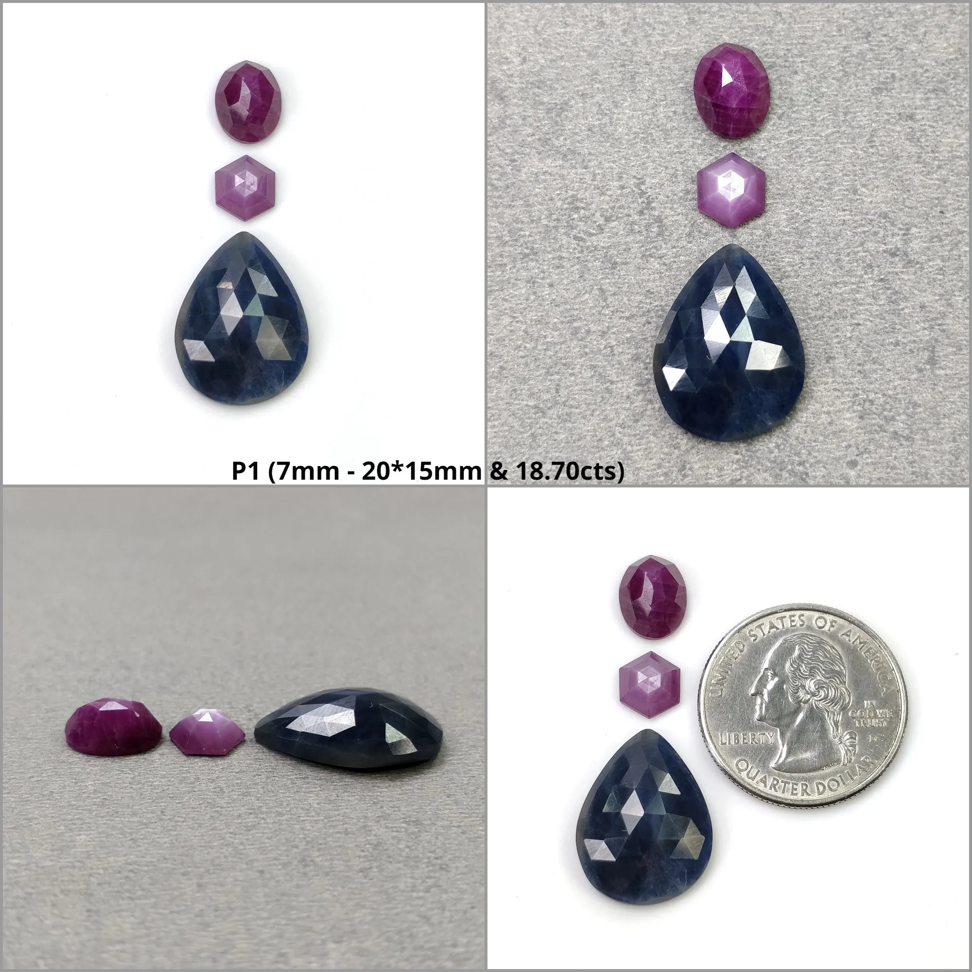 BLUE And Raspberry SAPPHIRE Gemstone Rose & Step Cut : Natural Untreated Sapphire Hexagon Pear Round Shape 3pcs