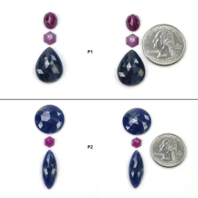 BLUE And Raspberry SAPPHIRE Gemstone Rose & Step Cut : Natural Untreated Sapphire Hexagon Pear Round Shape 3pcs