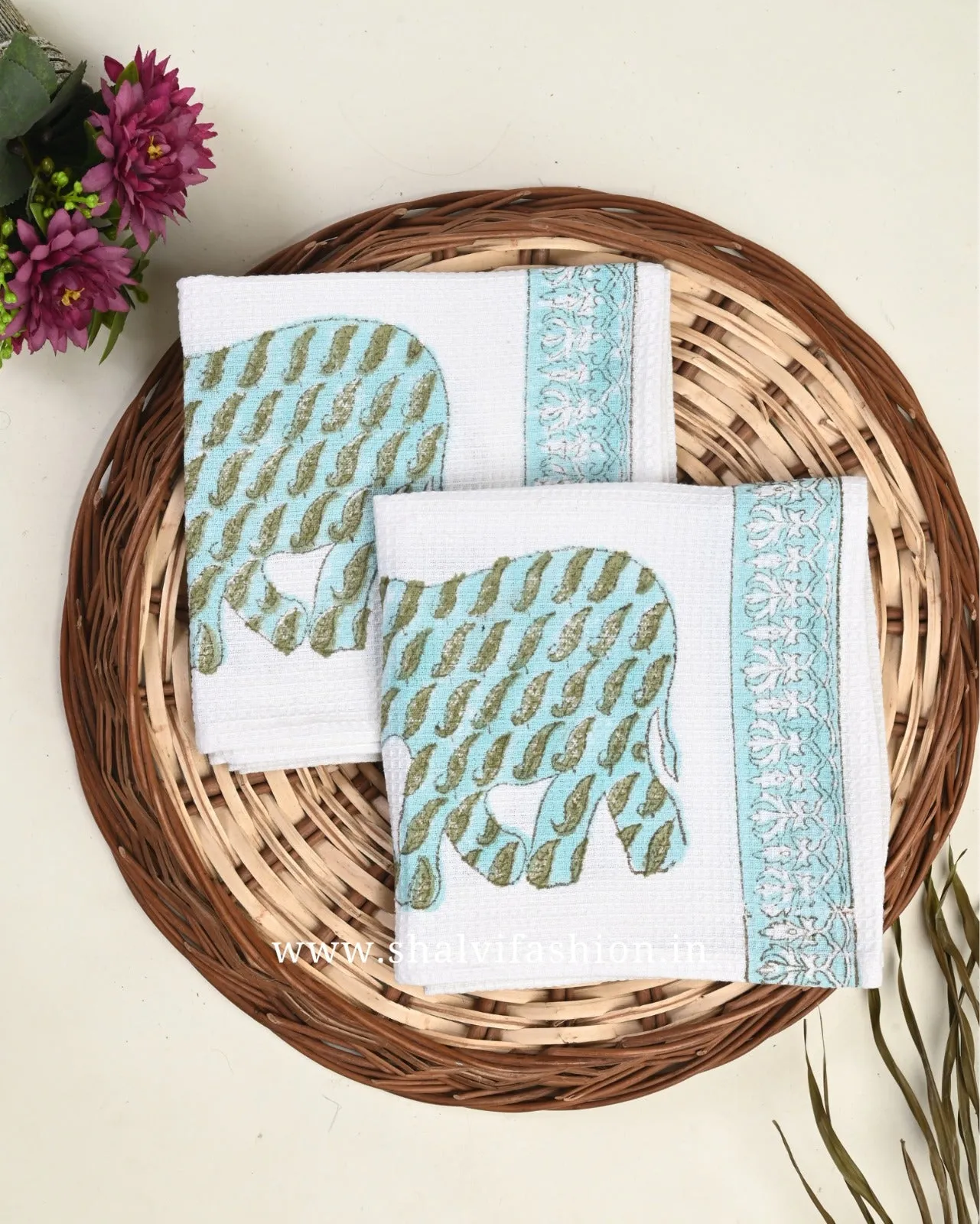 Buta Print Waffle Cotton Bath Linen Set (BLS06)