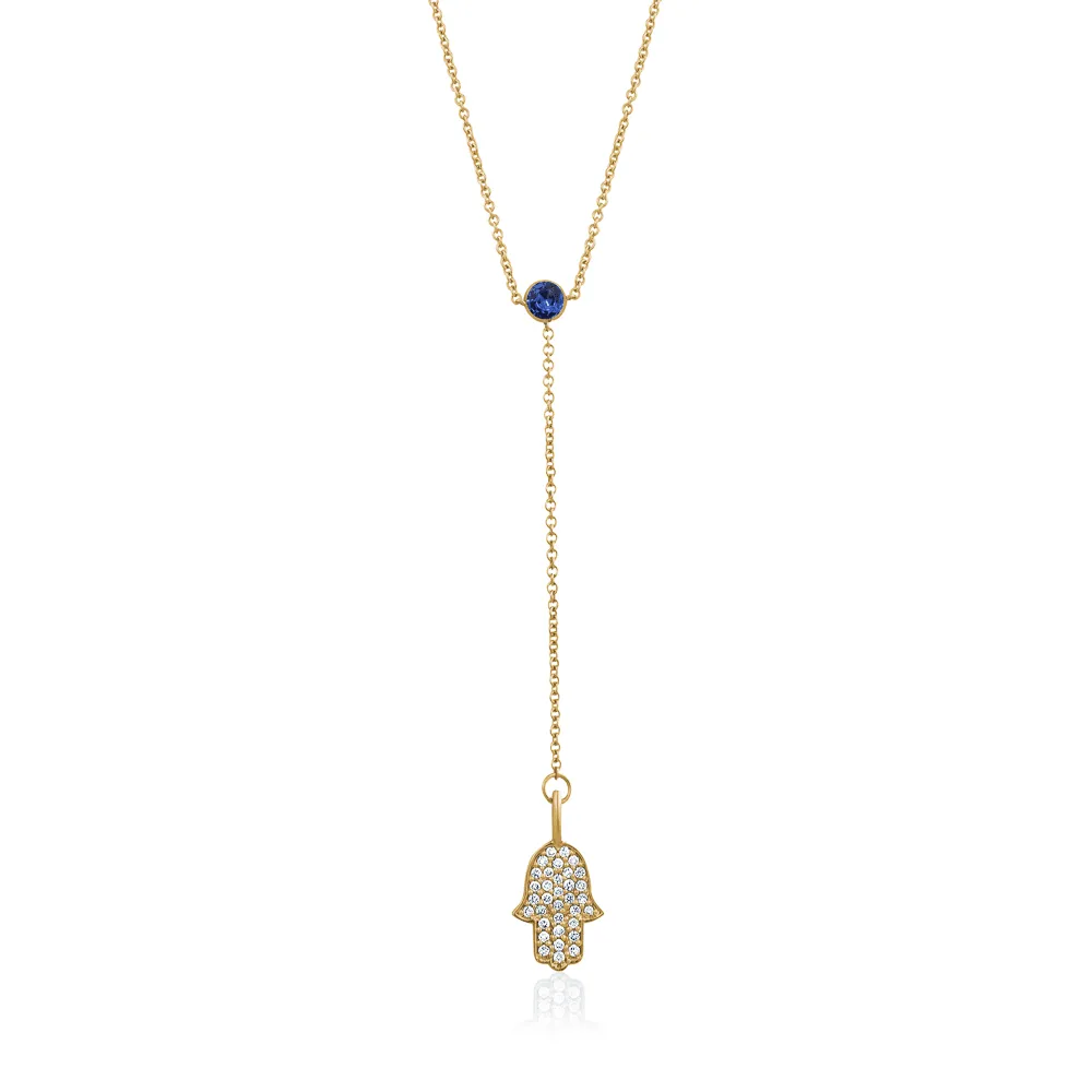 Diamond Dangling Hamsa Sapphire Necklace