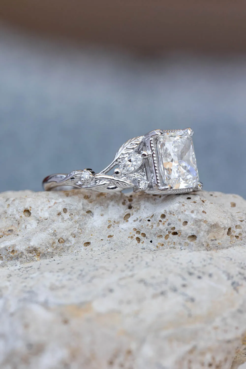 Emerald cut lab grown diamond engagement ring, white gold leaves and diamonds proposal ring / Patricia