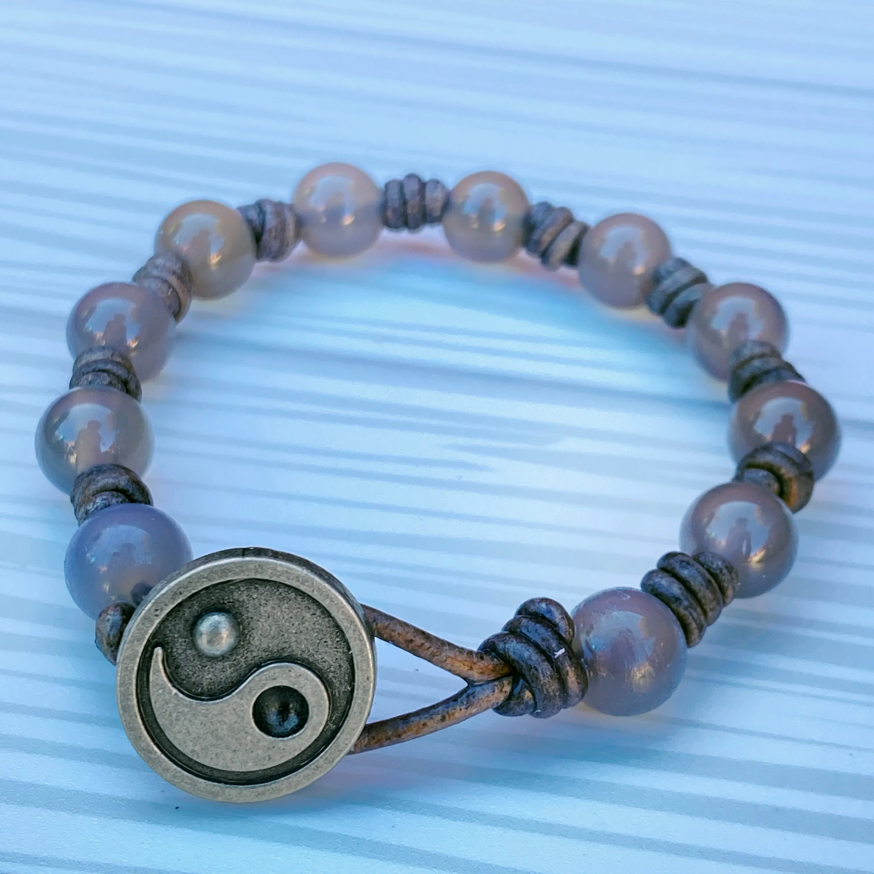 Grey Agate gemstone Yin Yang leather Bracelet