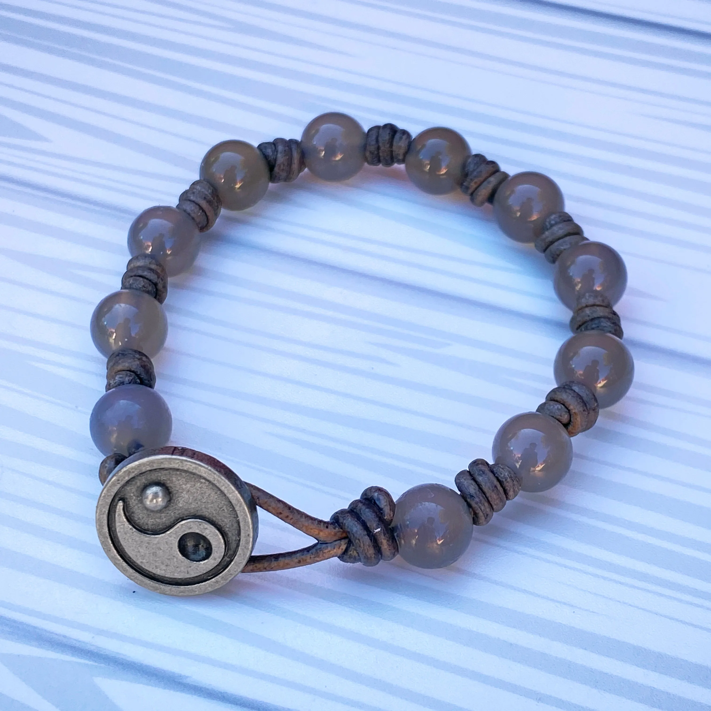 Grey Agate gemstone Yin Yang leather Bracelet