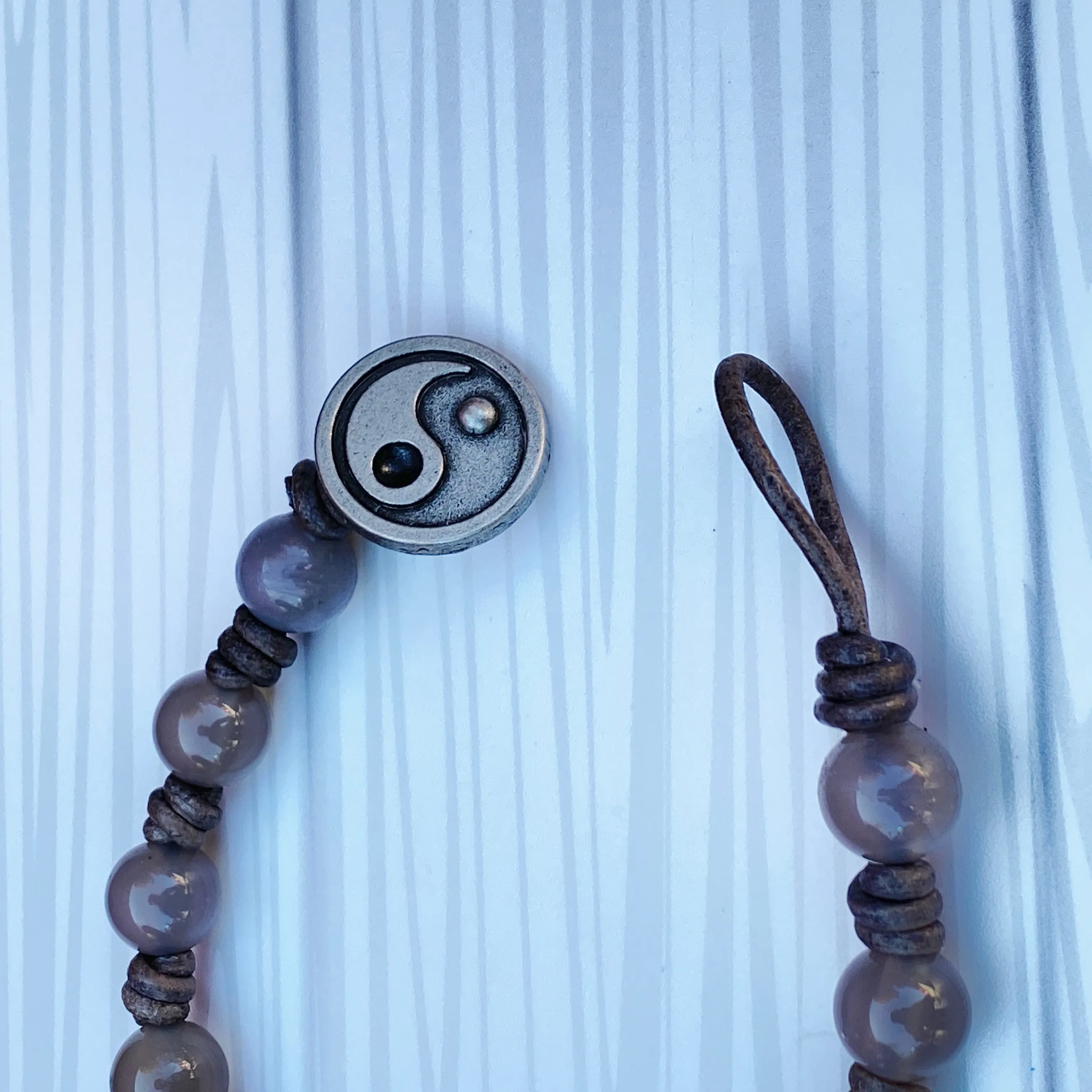 Grey Agate gemstone Yin Yang leather Bracelet