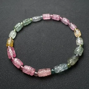 High-grade Hand-carved Huiwen Symbol Icecream Macaron Tourmaline Bracelet | Natural Heart Chakra Healing Crystal