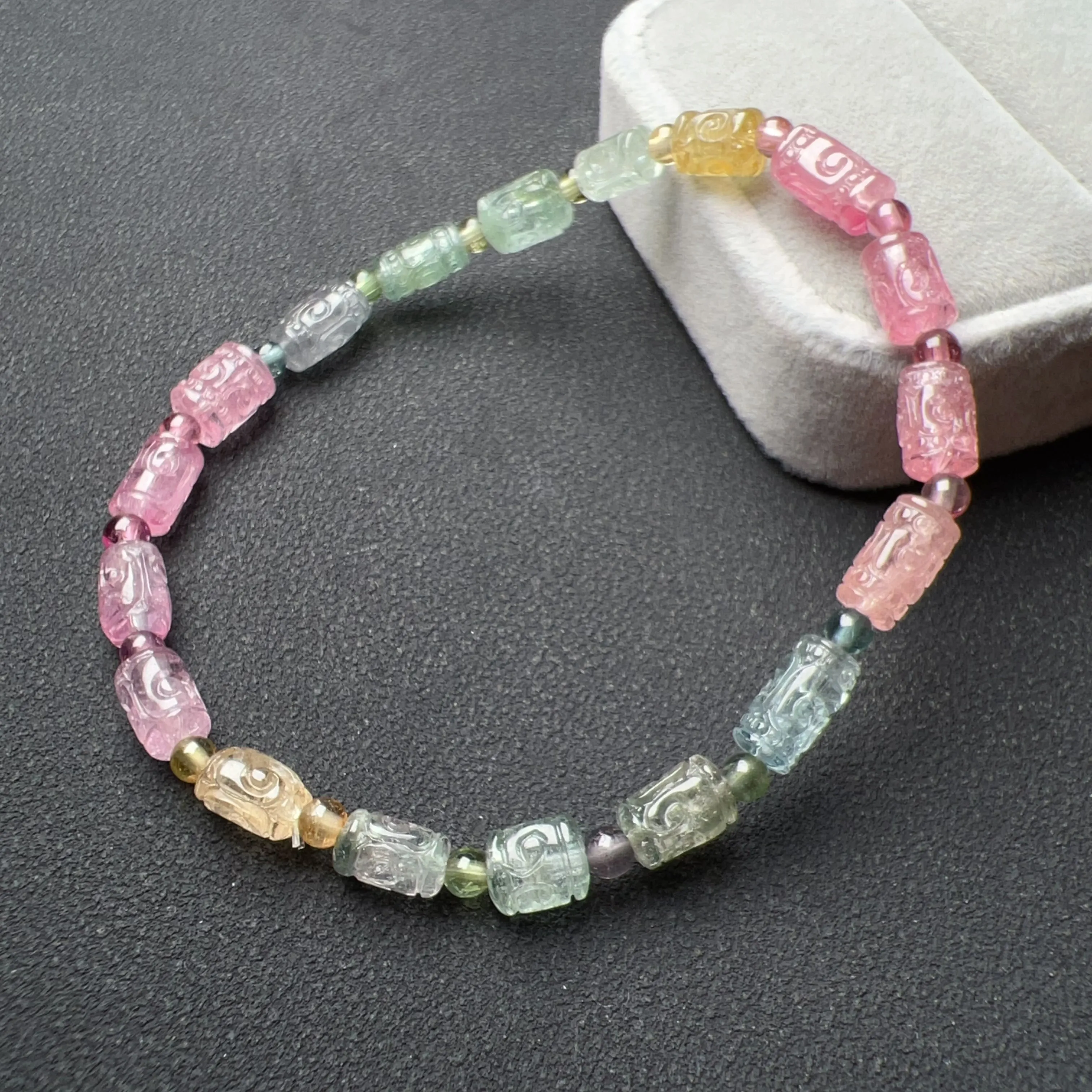 High-grade Hand-carved Huiwen Symbol Icecream Macaron Tourmaline Bracelet | Natural Heart Chakra Healing Crystal