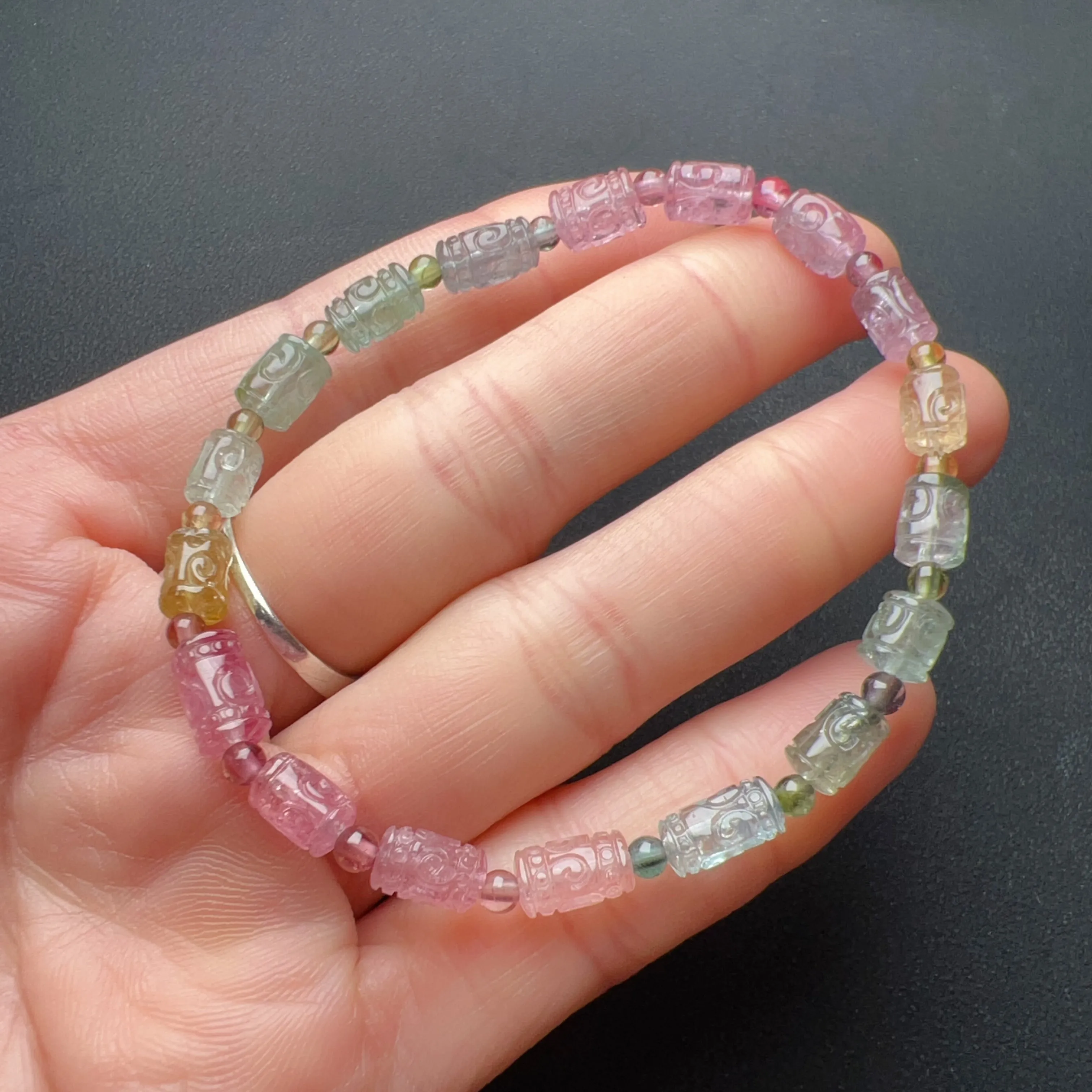 High-grade Hand-carved Huiwen Symbol Icecream Macaron Tourmaline Bracelet | Natural Heart Chakra Healing Crystal