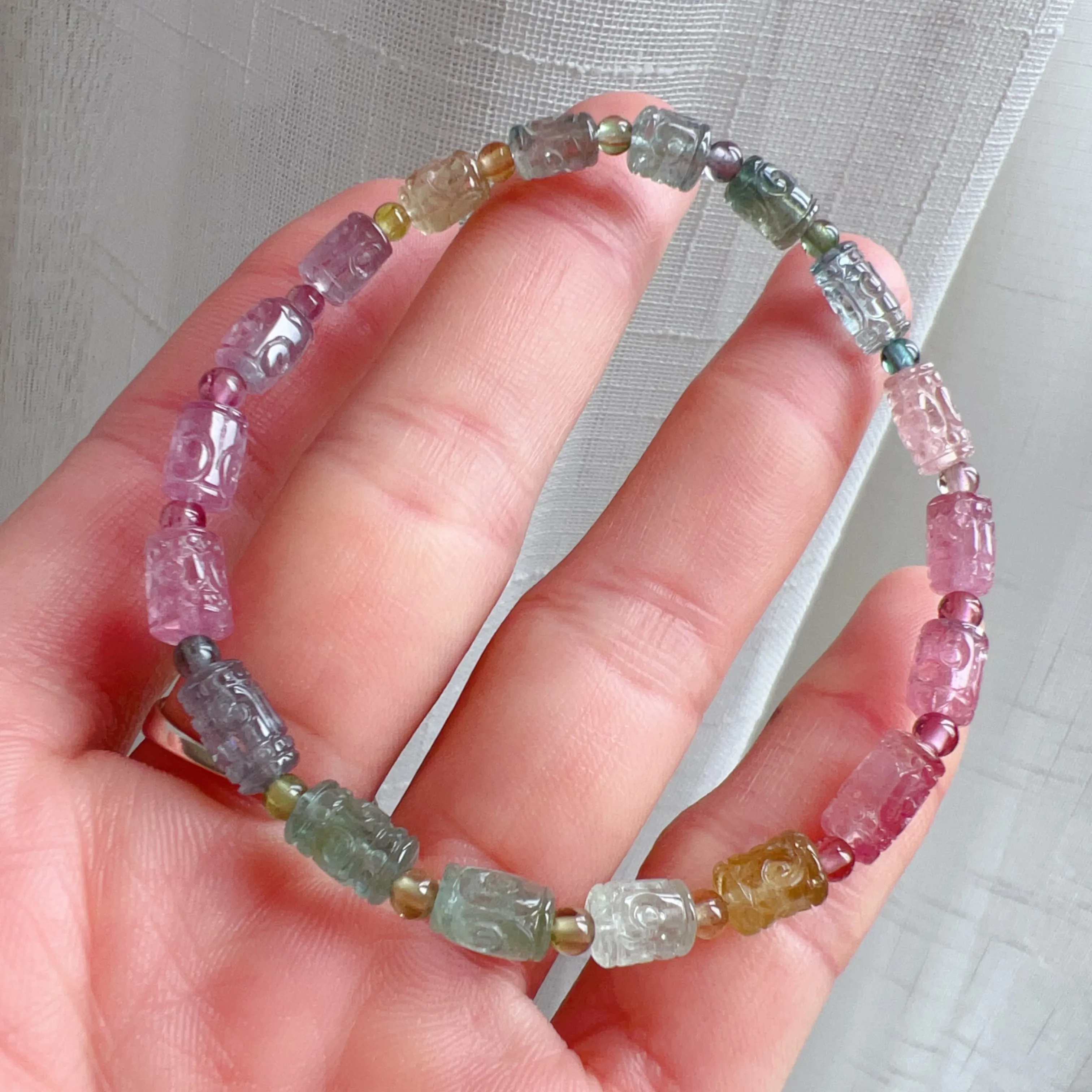 High-grade Hand-carved Huiwen Symbol Icecream Macaron Tourmaline Bracelet | Natural Heart Chakra Healing Crystal