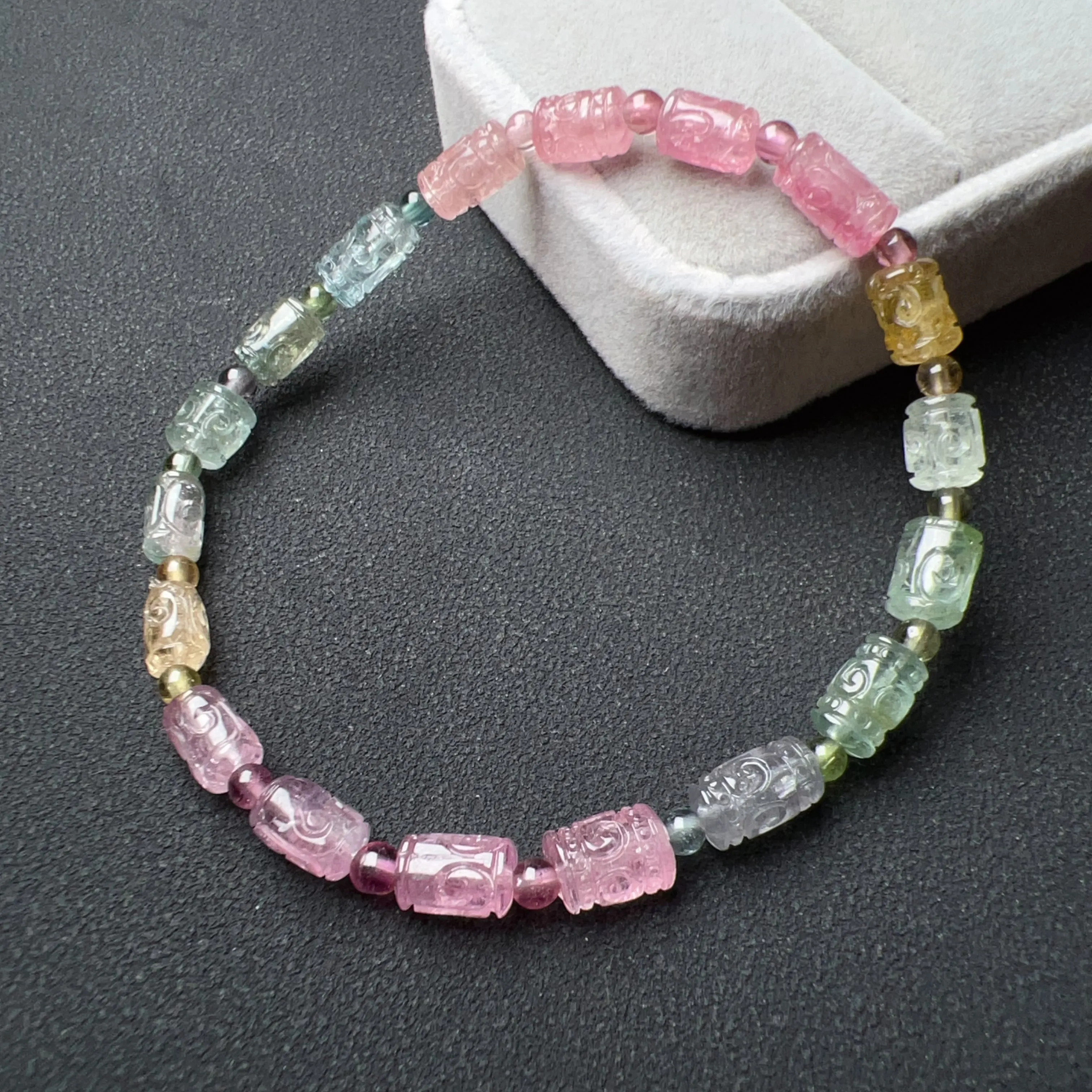 High-grade Hand-carved Huiwen Symbol Icecream Macaron Tourmaline Bracelet | Natural Heart Chakra Healing Crystal