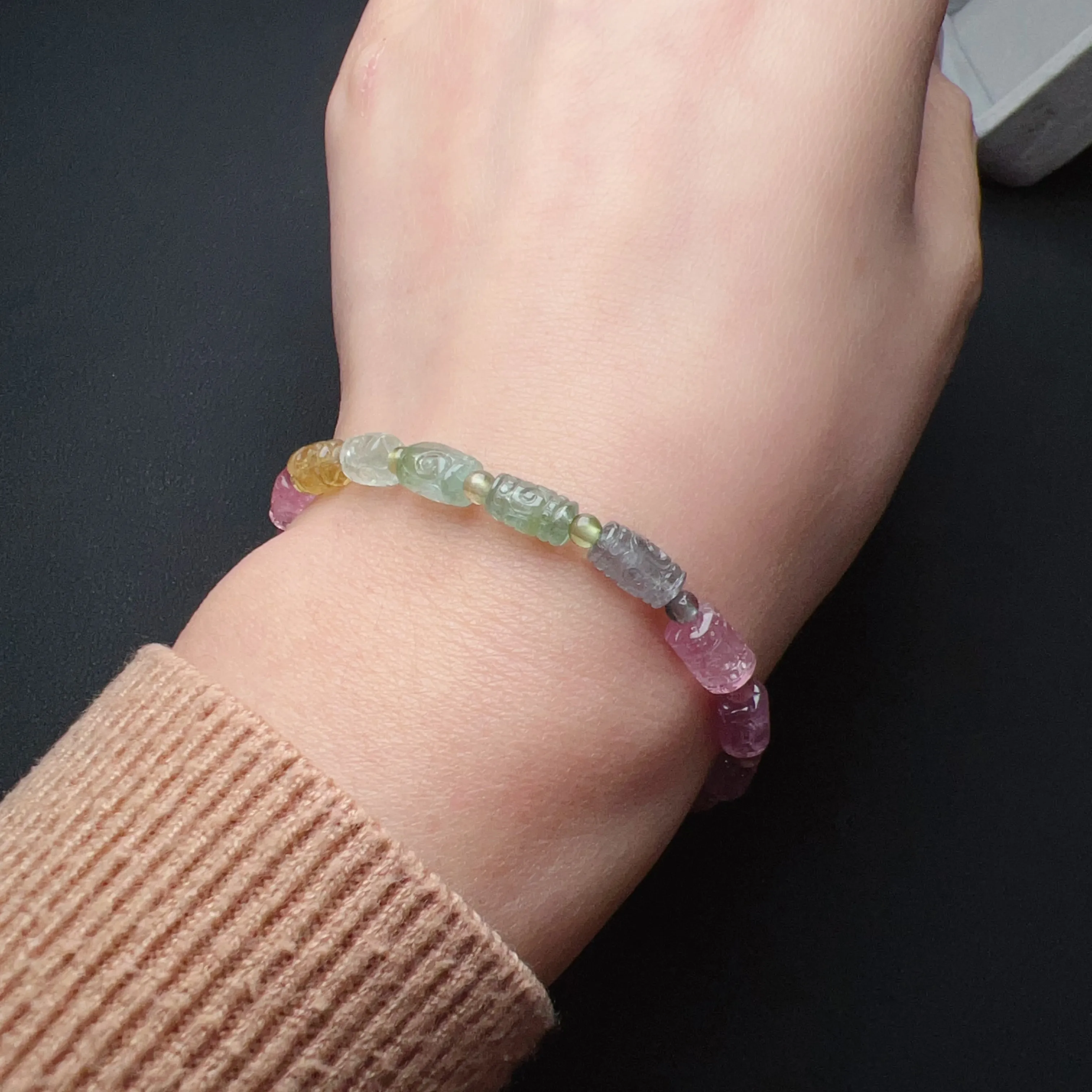 High-grade Hand-carved Huiwen Symbol Icecream Macaron Tourmaline Bracelet | Natural Heart Chakra Healing Crystal