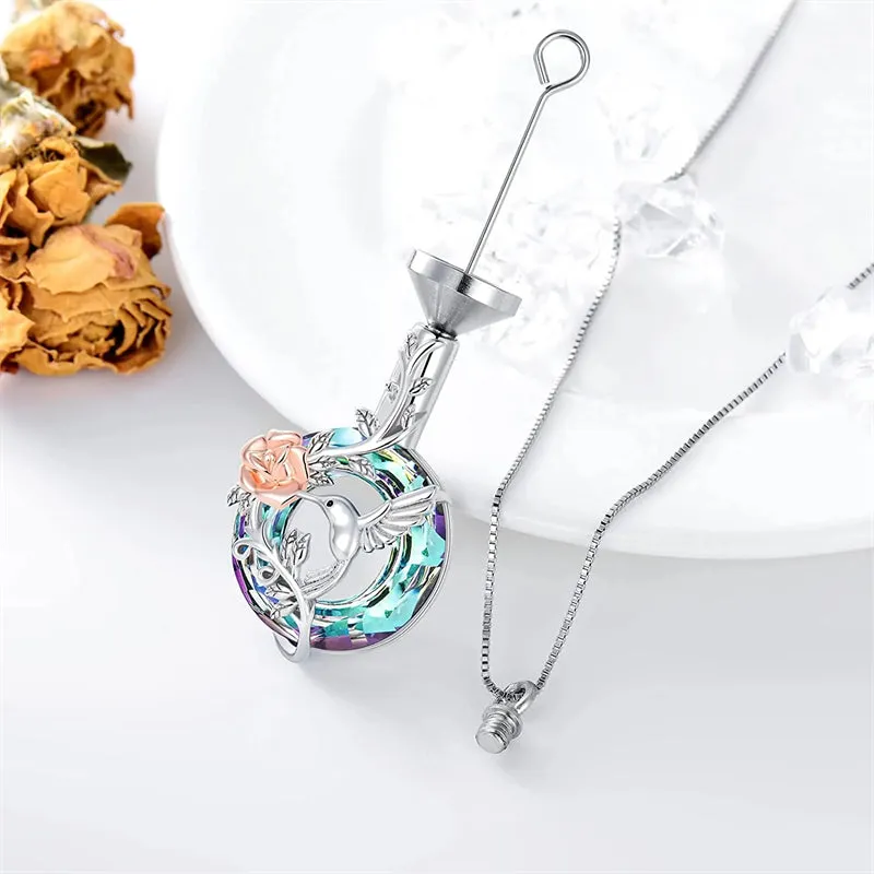 Hummingbird Urn Necklace for Ashes Sterling Silver Crystal Cremation Jewelry Keepsake Memory Jewelry for Women