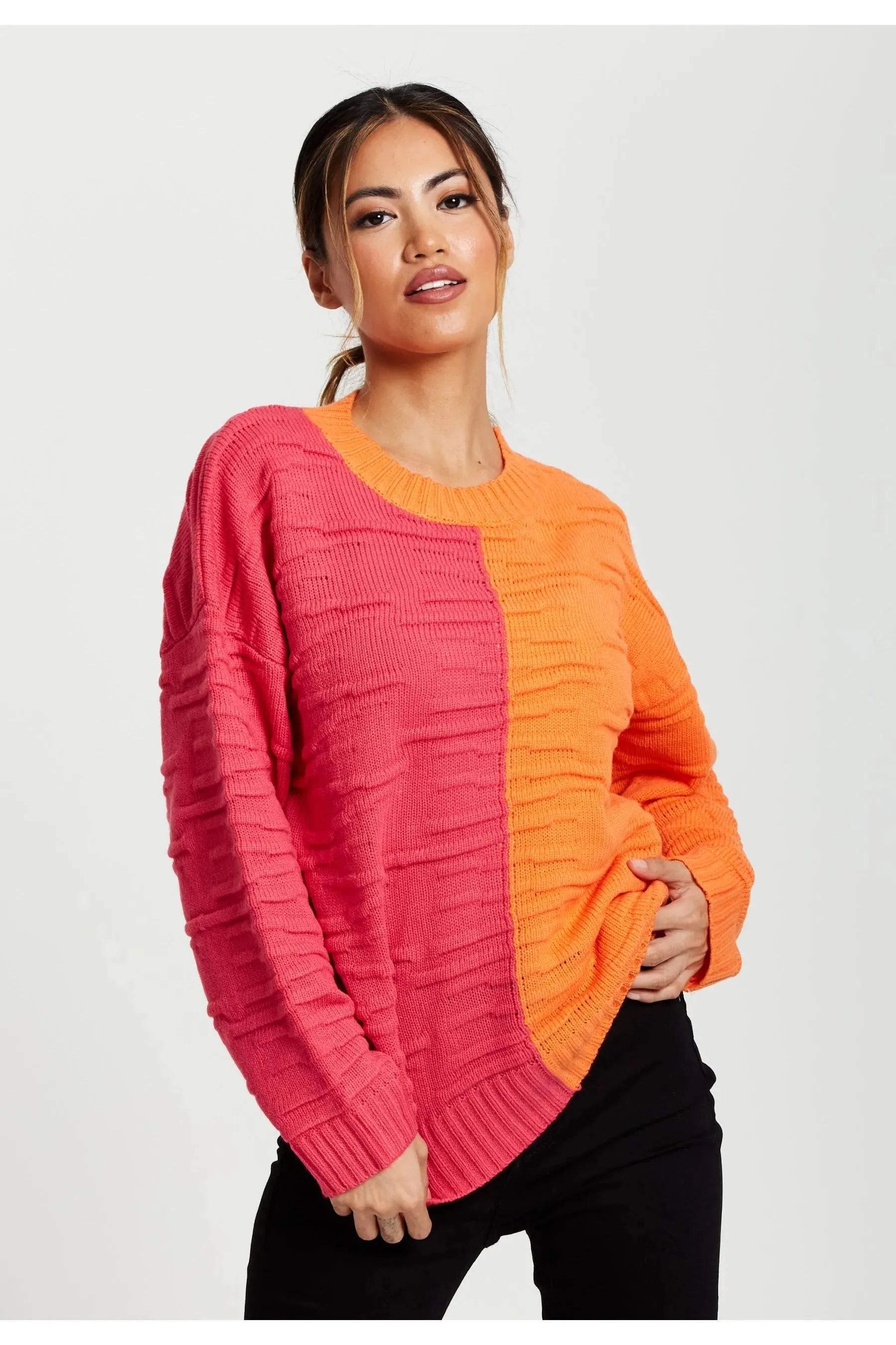 Liquorish Colour Block Jumper In Orange And Pink