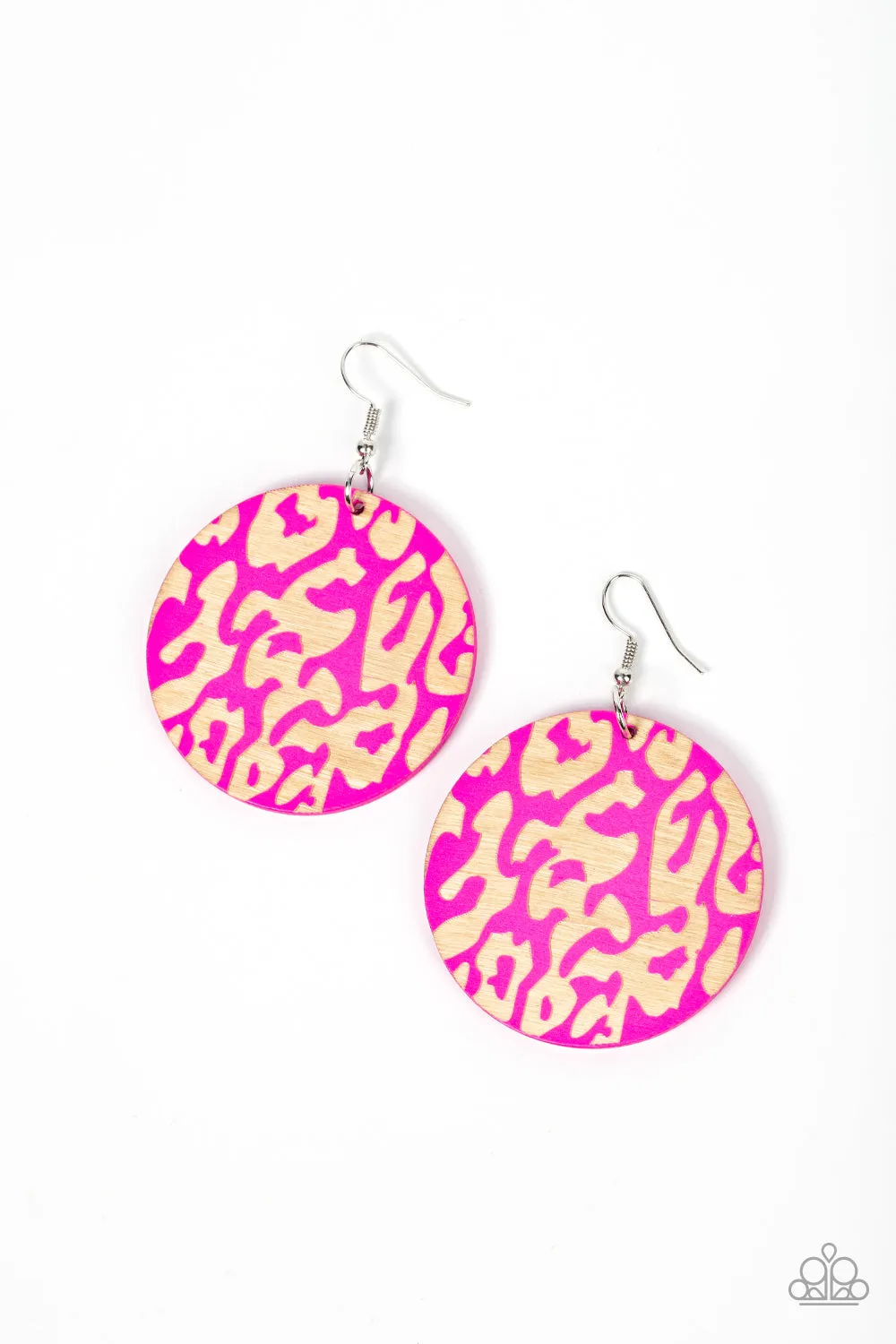 Paparazzi Catwalk Safari - Pink Wooden Cheetah Print Statement Earrings