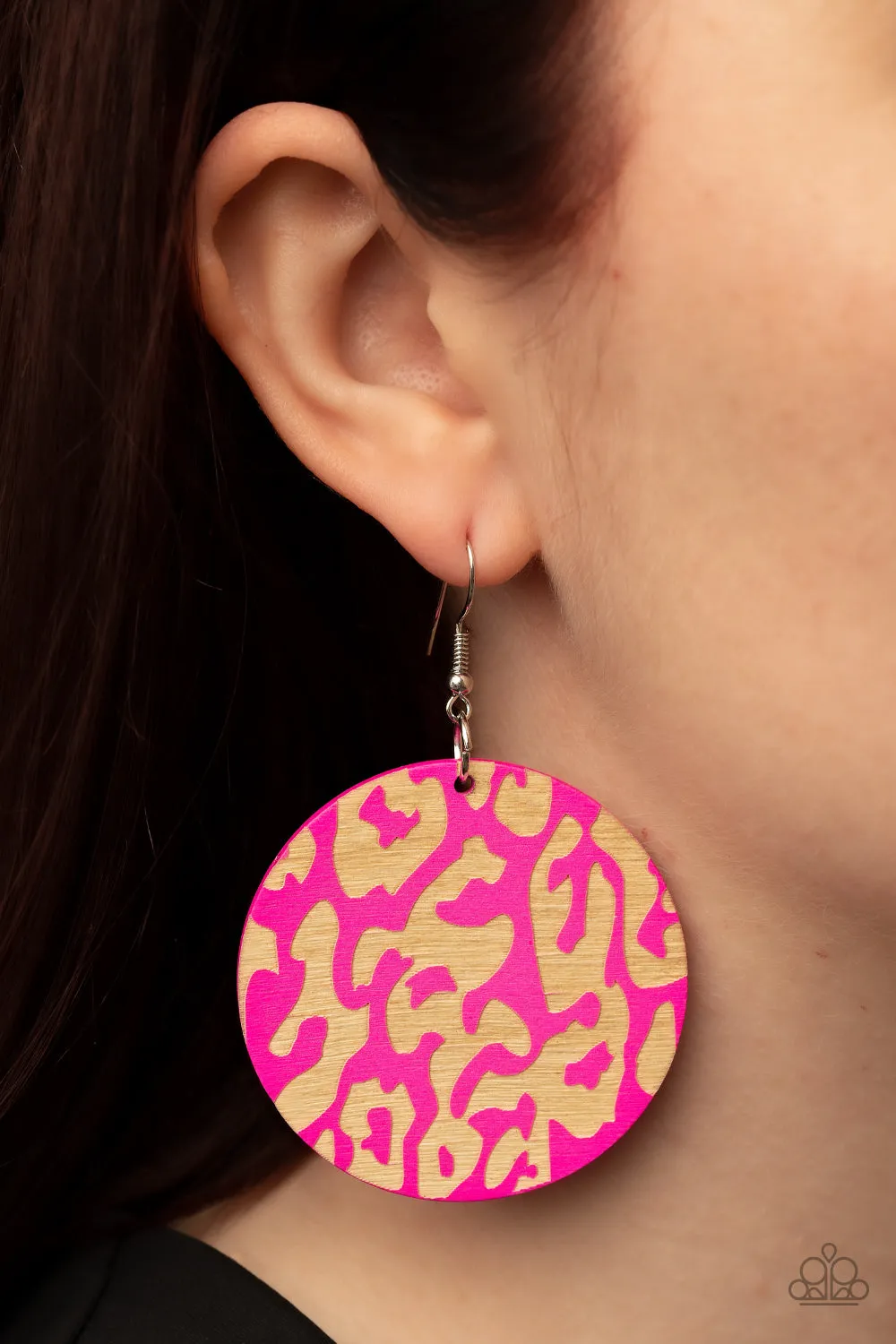 Paparazzi Catwalk Safari - Pink Wooden Cheetah Print Statement Earrings