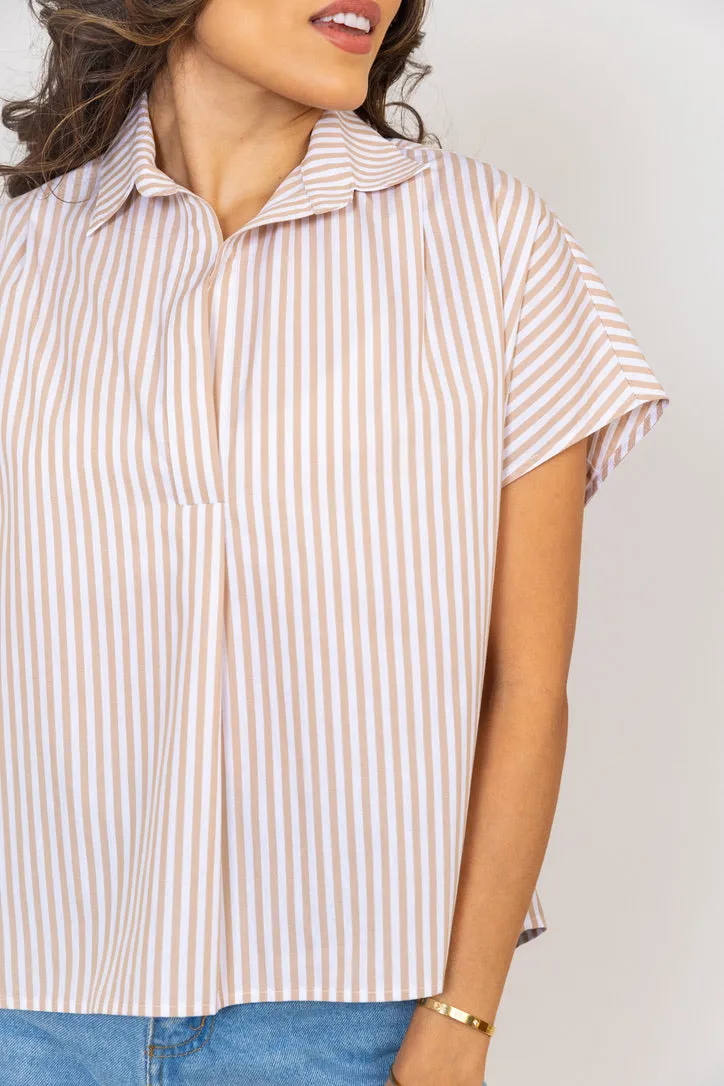 Stripe Poplin Vneck Top