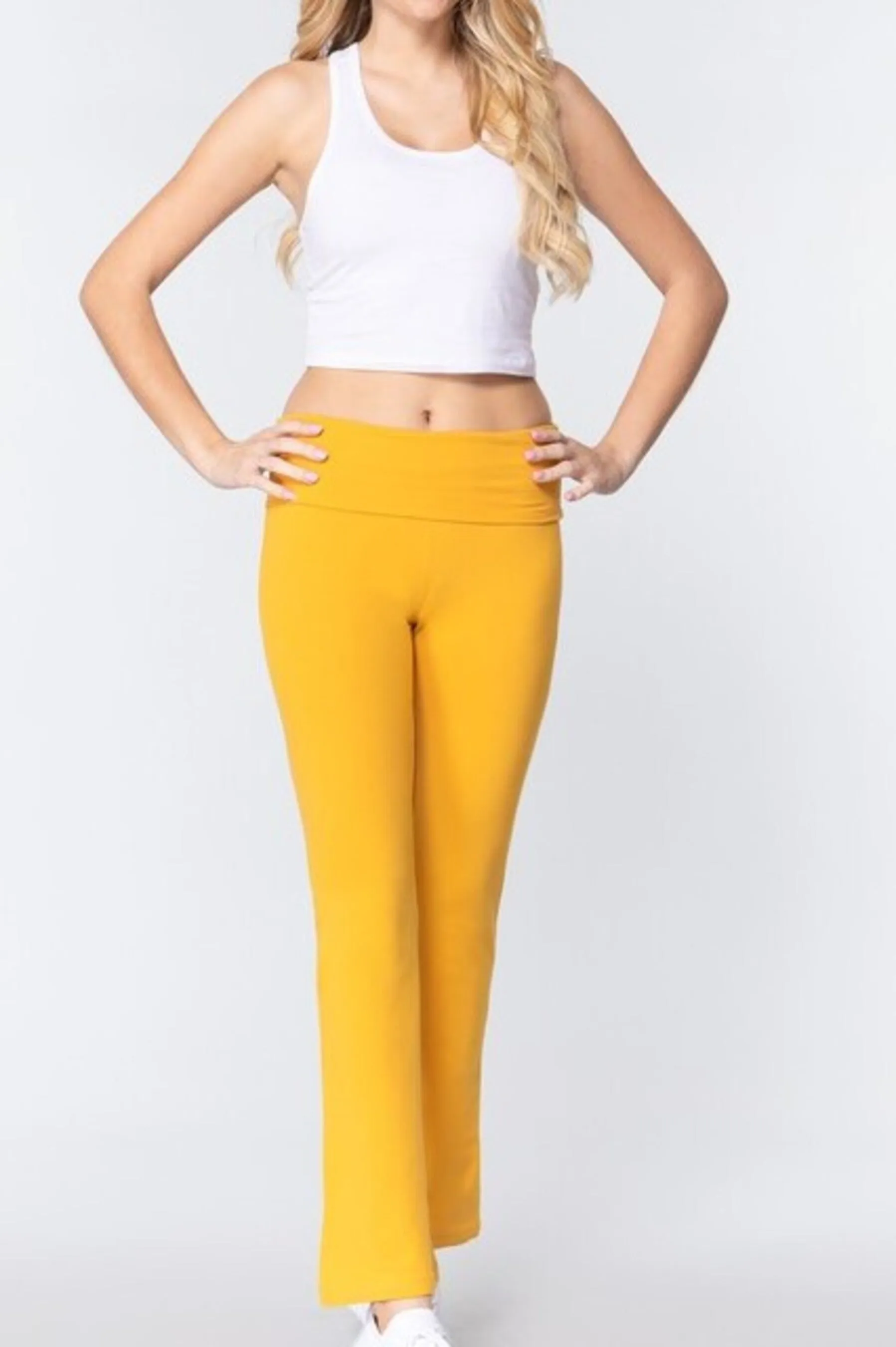 Women's Cotton Spandex Yoga Pants with Fold-Over Waistband